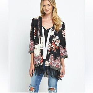 VILA Woman floral patchwork woman open fringe boho cottagecore casual kimono L